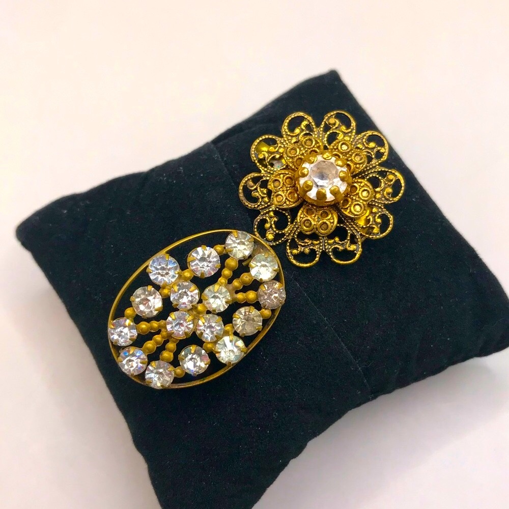 2 Vintage Antique Gold-Tone and Faceted Rhinestones Brooches